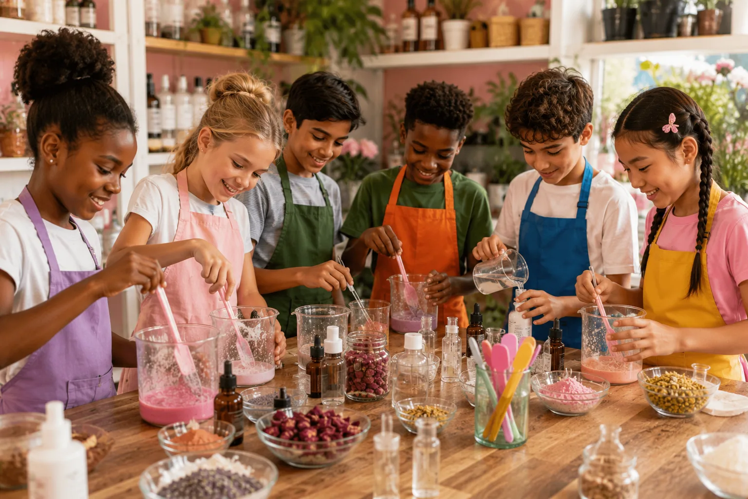 Children in colourful aprons mixing cosmetic ingredients at a Cosmetics Club workshop